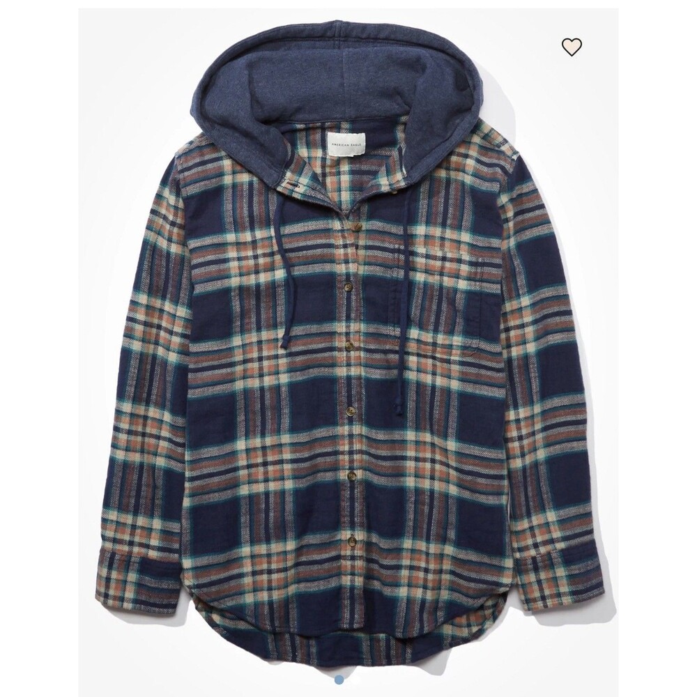 American Eagle Women’s Large Blue & Pink Soft Plaid Button Up Flannel W/ Hood